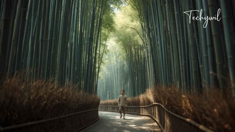 A person walking through the serene Bamboo Forest Kyoto, surrounded by tall bamboo stalks and soft sunlight filtering through the leaves