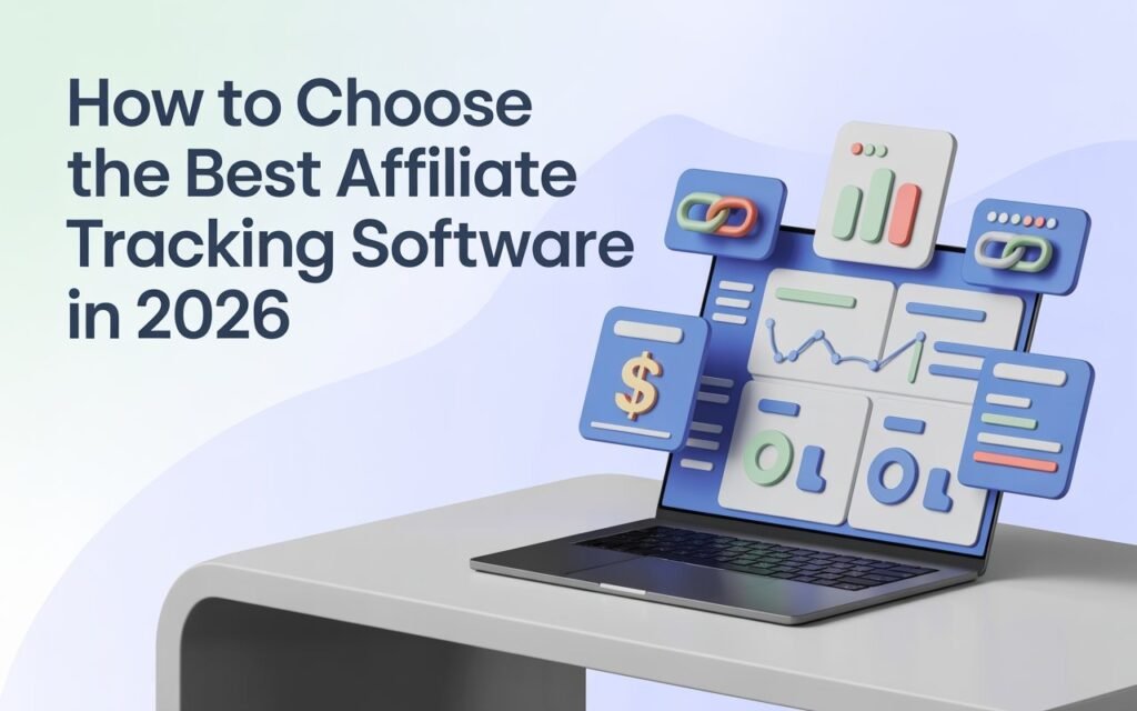 Choosing the best affiliate tracking software in 2026: A laptop displaying analytical tools and metrics for affiliate marketing performance