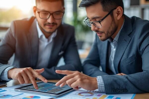 Two business professionals reviewing growth strategies and data on a tablet, symbolizing the role of Business Growth Coaching in decision-making