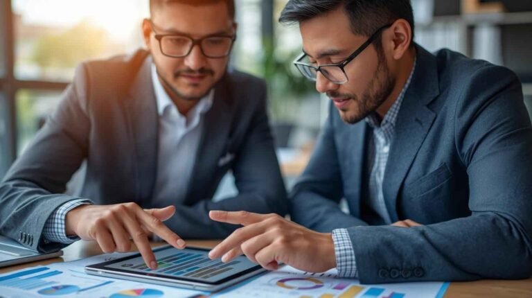 Two business professionals reviewing growth strategies and data on a tablet, symbolizing the role of Business Growth Coaching in decision-making