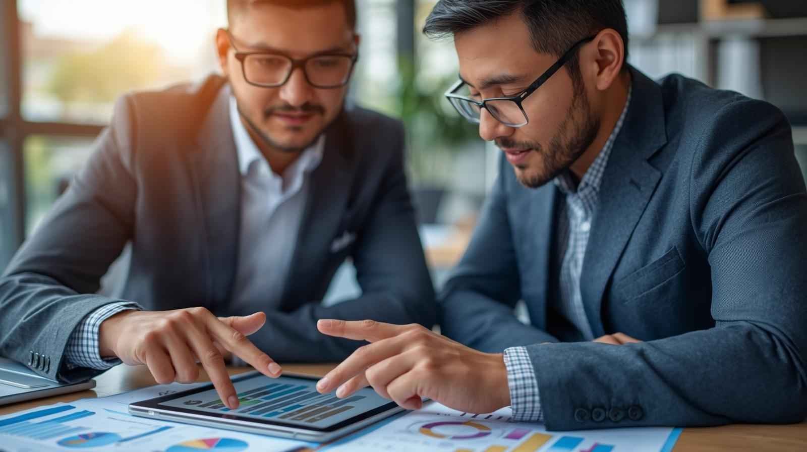 Two business professionals reviewing growth strategies and data on a tablet, symbolizing the role of Business Growth Coaching in decision-making