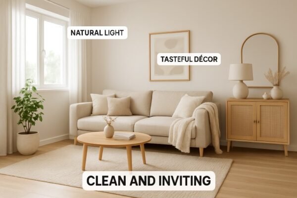 Clean and inviting living room with natural light and tasteful décor, ideal for a positive home selling experience.