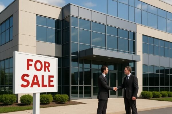 Businessmen shaking hands in front of a commercial property with a 'For Sale' sign, representing a successful commercial property for a fast sale