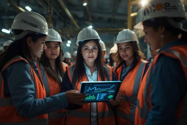 A group of construction workers analyzing real-time data on a tablet, emphasizing the importance of cost visibility to avoid issues where Construction Projects Fail