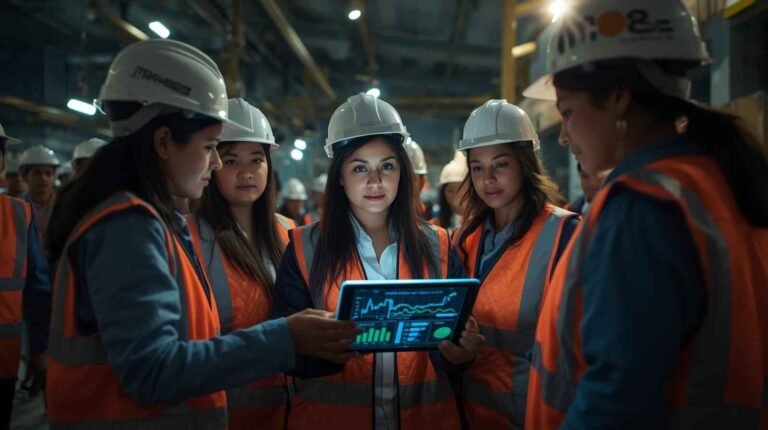 A group of construction workers analyzing real-time data on a tablet, emphasizing the importance of cost visibility to avoid issues where Construction Projects Fail
