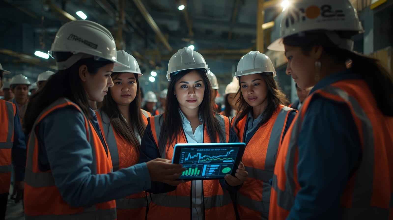 A group of construction workers analyzing real-time data on a tablet, emphasizing the importance of cost visibility to avoid issues where Construction Projects Fail
