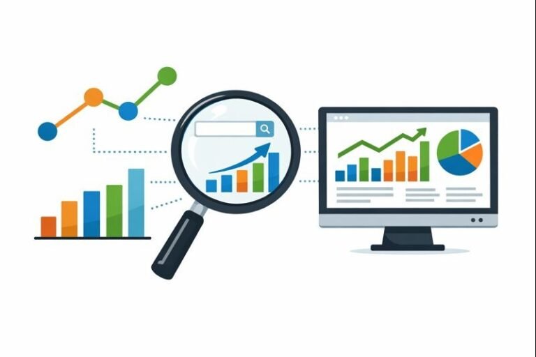 Data-Driven SEO Strategies visualizing the growth in search rankings and analytics with graphs and charts, representing optimized SEO performance