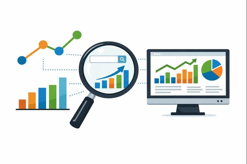 Data-Driven SEO Strategies visualizing the growth in search rankings and analytics with graphs and charts, representing optimized SEO performance