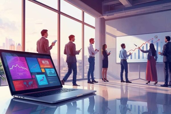 Business professionals in a meeting at a Digital Marketing Services Company in Delhi, analyzing data and discussing growth strategies on a whiteboard with a laptop showing analytics