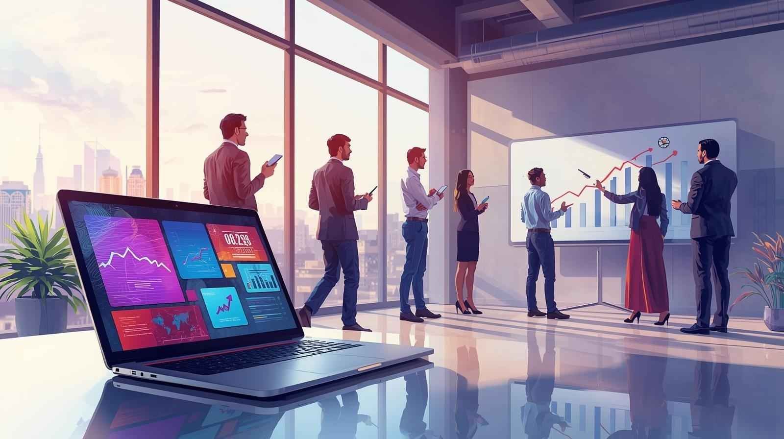 Business professionals in a meeting at a Digital Marketing Services Company in Delhi, analyzing data and discussing growth strategies on a whiteboard with a laptop showing analytics