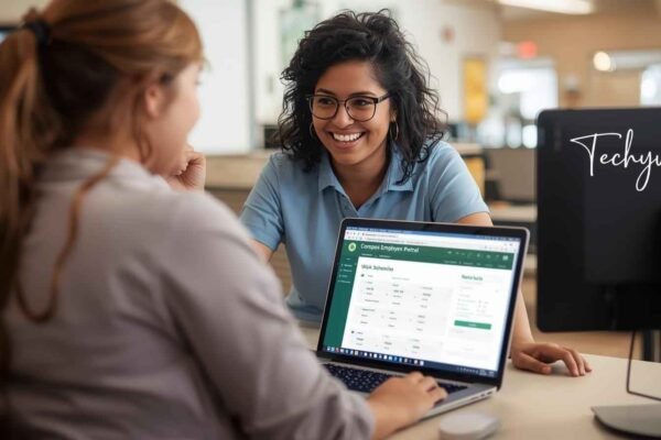 Two employees viewing the Dollar Tree Compass Employee Portal on a laptop, discussing work schedules and updates together in a retail environment