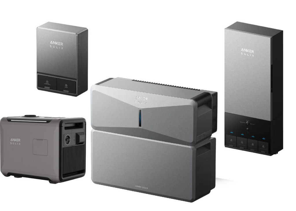 Four sleek, modern Anker power devices in gray and black are arranged against a white background, showcasing a minimalist and efficient design.