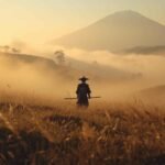 Samurai standing in a misty field with mountains in the background, capturing the essence of Ghost of Tsushima in this breathtaking scene