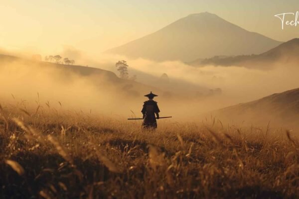 Samurai standing in a misty field with mountains in the background, capturing the essence of Ghost of Tsushima in this breathtaking scene