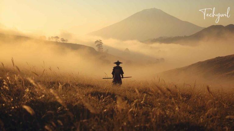 Samurai standing in a misty field with mountains in the background, capturing the essence of Ghost of Tsushima in this breathtaking scene