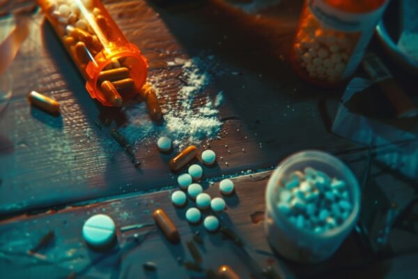 Scattered pills and capsules on a table showing the reality of Growing Substance Dependence and medication misuse