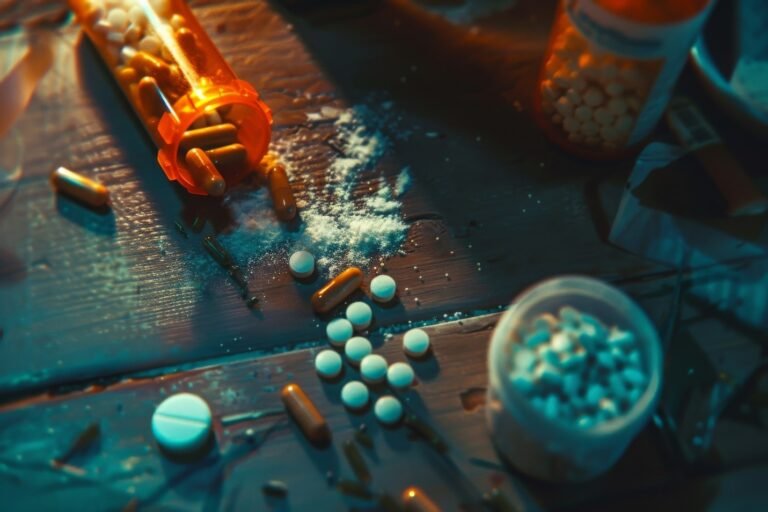Scattered pills and capsules on a table showing the reality of Growing Substance Dependence and medication misuse