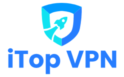 iTop VPN logo displayed prominently on a blue background, representing secure and private internet browsing