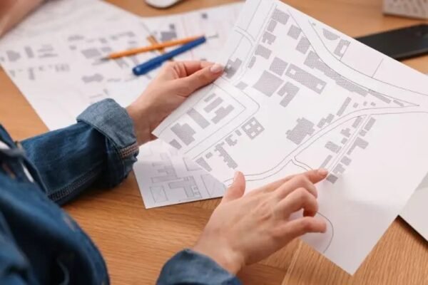 A land surveying company professional analyzes detailed maps, pointing to key areas for a property survey, with a laptop in the background.