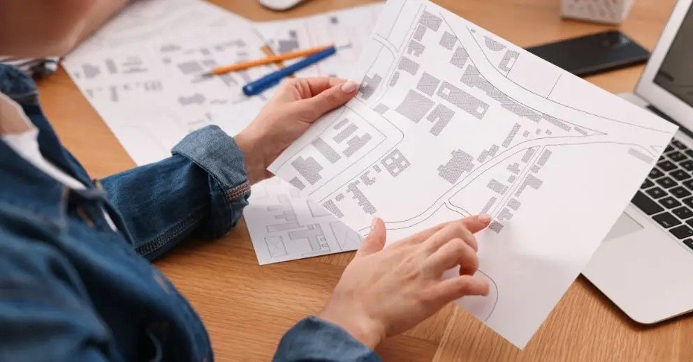A land surveying company professional analyzes detailed maps, pointing to key areas for a property survey, with a laptop in the background.