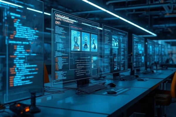 LLM Engineering & Fine-Tuning in action with advanced computer screens displaying code, algorithms, and AI models, optimizing performance and workflows