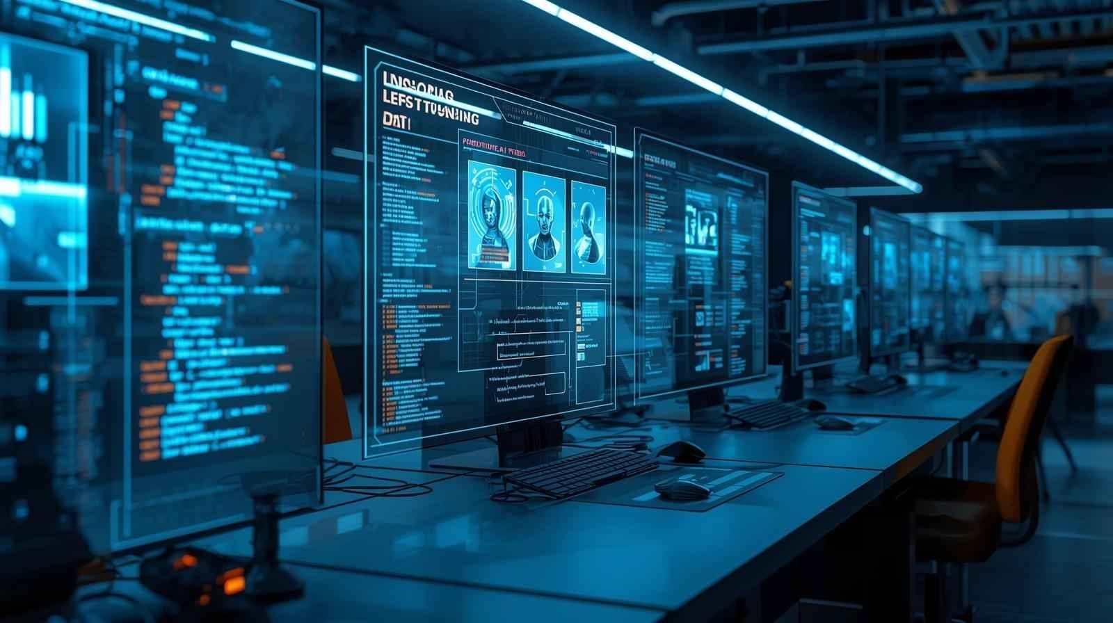 LLM Engineering & Fine-Tuning in action with advanced computer screens displaying code, algorithms, and AI models, optimizing performance and workflows