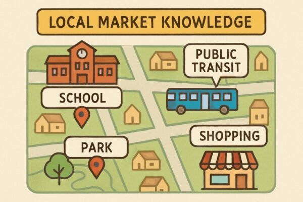 Local Market Insight map highlighting key areas like school, park, public transit, and shopping, emphasizing the importance of location in real estate decisions