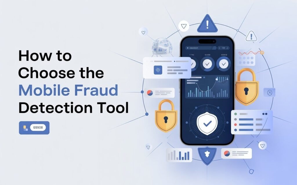 An image illustrating a Mobile Fraud Detection Tool with a smartphone displaying security features, data analytics, and protection symbols