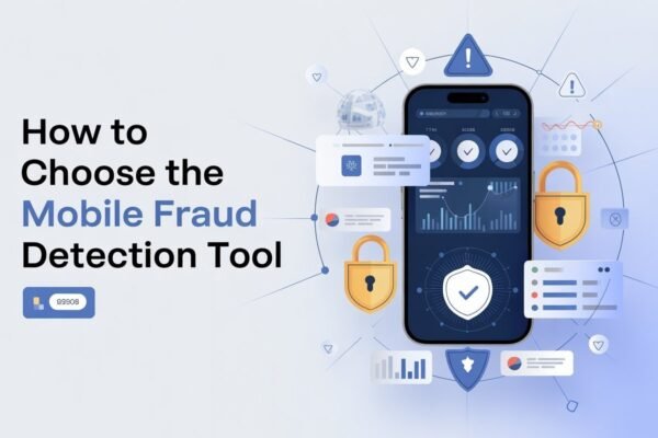 An image illustrating a Mobile Fraud Detection Tool with a smartphone displaying security features, data analytics, and protection symbols