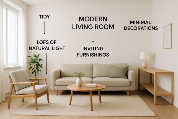 Modern living room with tidy design, natural light, and inviting furnishings, ideal for staging a home sale to attract potential buyers