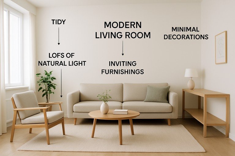 Modern living room with tidy design, natural light, and inviting furnishings, ideal for staging a home sale to attract potential buyers