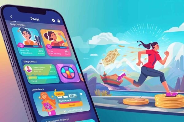 Motivation-Driven Platforms visualized with a gamified fitness app showing daily challenges, progress, and a runner collecting rewards, enhancing wellness