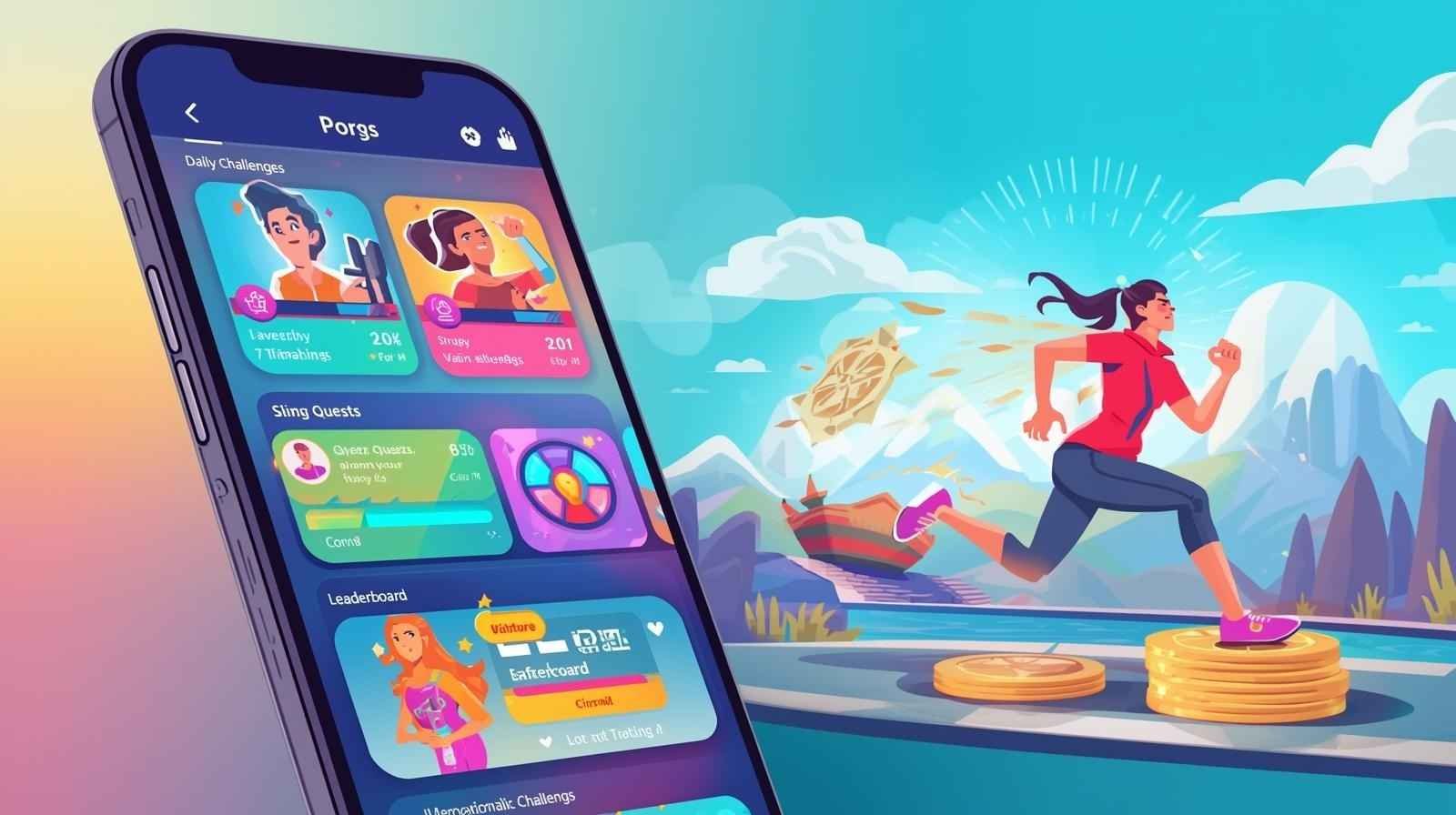 Motivation-Driven Platforms visualized with a gamified fitness app showing daily challenges, progress, and a runner collecting rewards, enhancing wellness