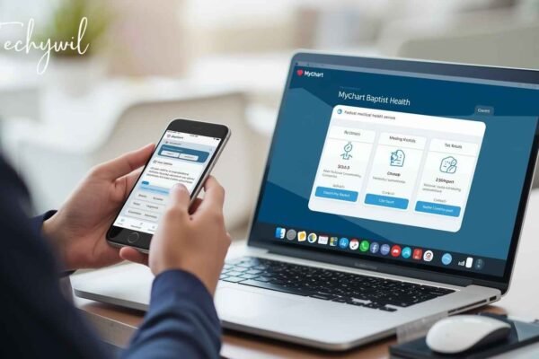 A person using MyChart Baptist Health on both a smartphone and laptop, managing appointments, test results, and health records seamlessly