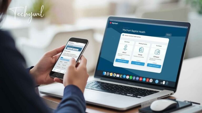 A person using MyChart Baptist Health on both a smartphone and laptop, managing appointments, test results, and health records seamlessly