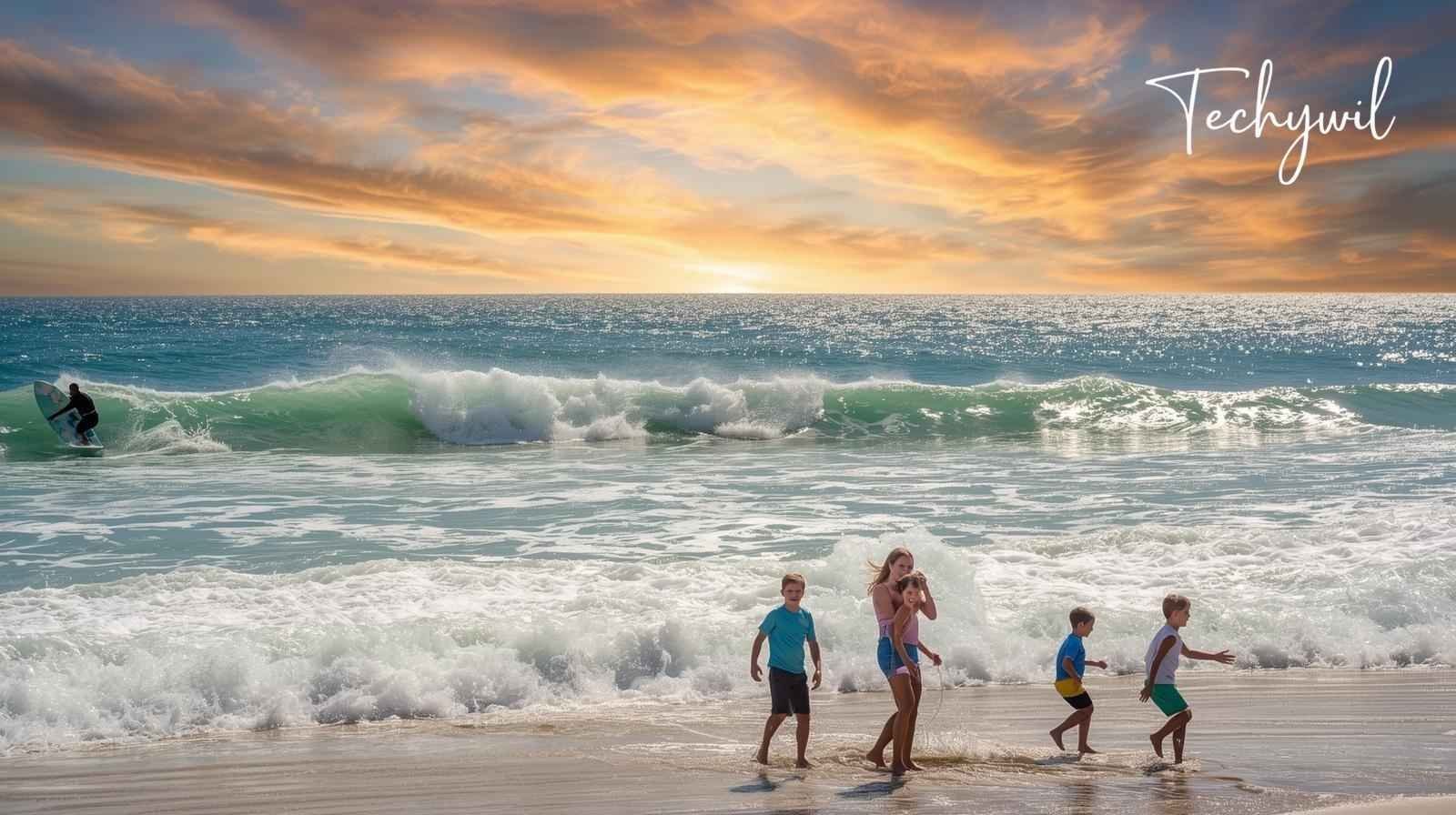 A family playing by the waves at New Smyrna Beach, with a surfer in the background, as seen through the New Smyrna Beach cam