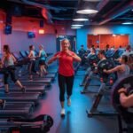 An energetic Orangetheory workout today class with participants on treadmills and rowing machines, guided by a coach in a vibrant, motivating fitness environment