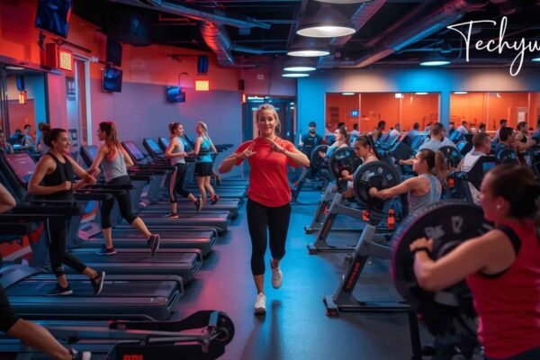 An energetic Orangetheory workout today class with participants on treadmills and rowing machines, guided by a coach in a vibrant, motivating fitness environment