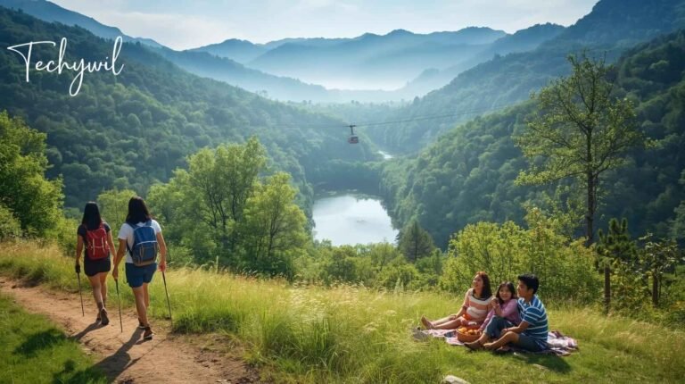 Visitors hiking and enjoying a picnic at Pipestem State Park, with scenic views of the Bluestone River Gorge and the aerial tramway in the background