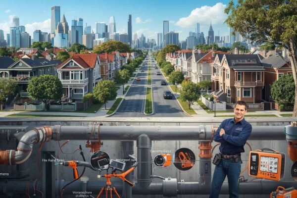 Plumbing for Inner West Emergencies featuring a plumber using advanced diagnostic tools with residential homes and a city skyline in the background