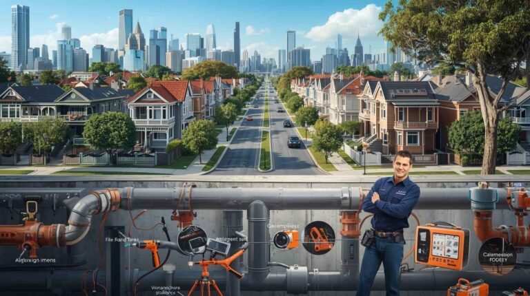 Plumbing for Inner West Emergencies featuring a plumber using advanced diagnostic tools with residential homes and a city skyline in the background