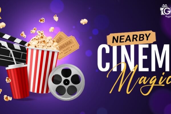 Colorful graphic promoting PVR INOX with movie essentials like popcorn, tickets, and a film reel, highlighting nearby cinema magic