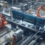 SCADA Industrial Automation in action, showcasing robotic arms, motors, and live data analysis on screens to monitor factory operations