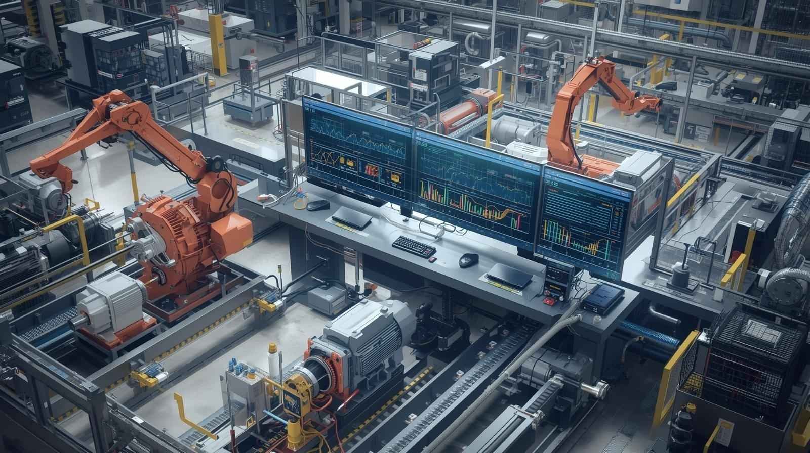 SCADA Industrial Automation in action, showcasing robotic arms, motors, and live data analysis on screens to monitor factory operations