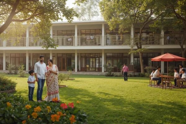 Parents and child visiting a green school campus, interacting with staff at Schools in Bangalore during admissions tour