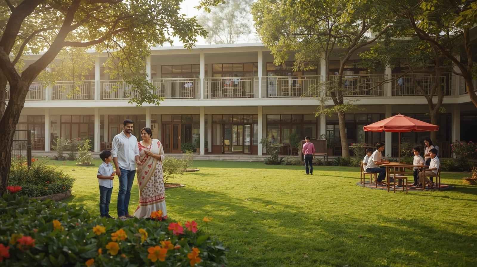 Parents and child visiting a green school campus, interacting with staff at Schools in Bangalore during admissions tour