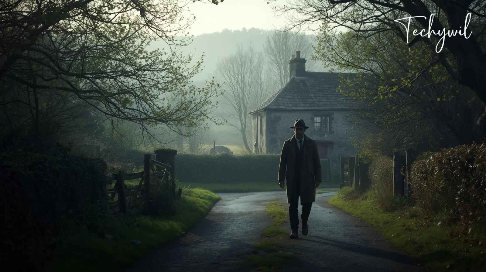 A detective walking through a misty rural setting, reflecting the atmosphere of 'The Searcher Tana French' with an air of mystery and tension