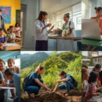 Students participating in University Volunteer Abroad Programs, engaging in classroom teaching, healthcare assistance, environmental conservation, and community activities
