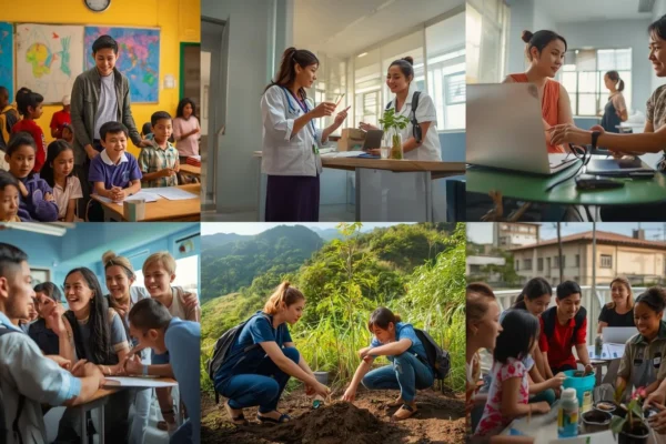 Students participating in University Volunteer Abroad Programs, engaging in classroom teaching, healthcare assistance, environmental conservation, and community activities