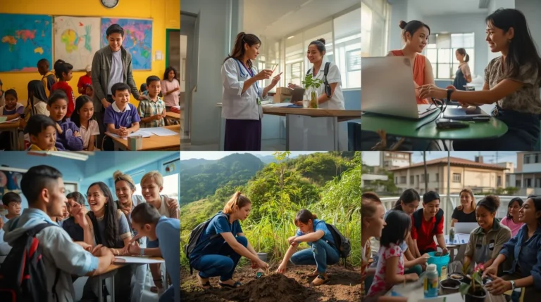 Students participating in University Volunteer Abroad Programs, engaging in classroom teaching, healthcare assistance, environmental conservation, and community activities